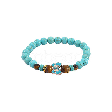 Synthetic Turquoise & Natural Tiger Eye Round Beaded Stretch Bracelets FS-WGB9D7B-05-1