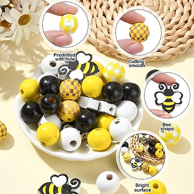 Bees Themed Printed Wood Beads Sets WOOD-YW0001-21-1