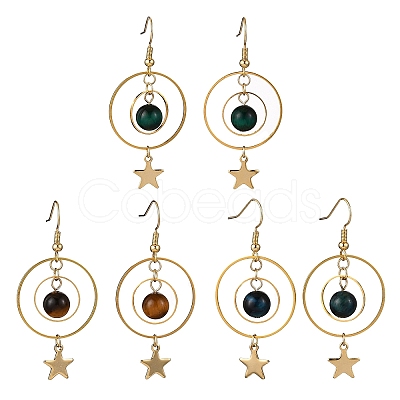3Pairs Natural Tiger Eye Dangle Earrings EJEW-TA00656-1