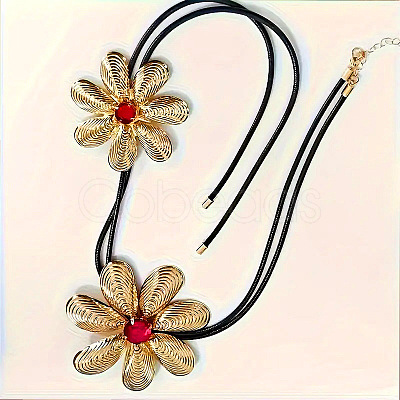 Alloy Glass Flower Black Waxed Cord Lariat Y Necklaces for Women FS-WGE5F3A-02-1