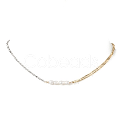 Natural Cultured Freshwater Pearl Rice Beaded Pendant 304 Stainless Steel Cable Chain Double Layer Necklaces NJEW-JN05681-1