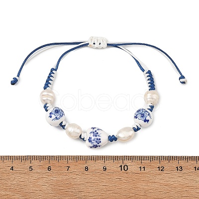 Adjustable Handmade Chinoiserie Floral Printed Porcelain Heart Beads & Natural Pearl Braided Bead Bracelets for Women BJEW-JB14209-1