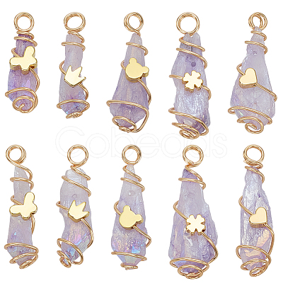 10Pcs 5 Styles Electroplated Natural Quartz Crystal Copper Wire Wrapped Pendants PALLOY-FG00005-1