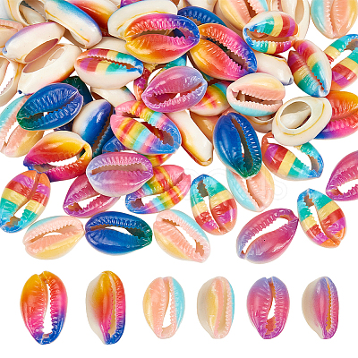 Nbeads 60Pcs 6 Colors Printed Natural Cowrie Shell Beads SSHEL-NB0001-42-1