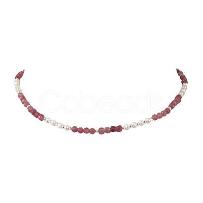 Faceted Round Natural Tourmaline and Pearl Beaded Necklaces NJEW-JN06409-02-1