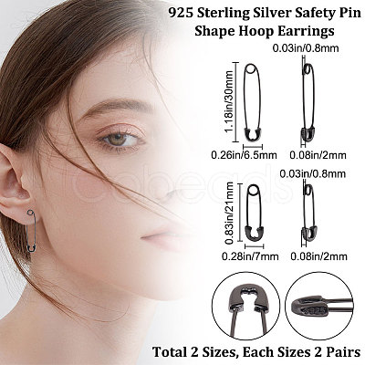 Beebeecraft 4 Pairs 2 Size 925 Sterling Silver Safety Pin Shape Hoop Earrings for Women EJEW-BBC0001-12A-1