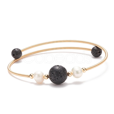 Natural Lava Rock & Pearl Round Beaded Bangle BJEW-JB08464-01-1