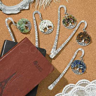 Tree of Life Natural Green Aventurine & Tourmaline & Tiger Eye & Lapis Lazuli & Howlite Chip Bookmarks AJEW-JK00331-1