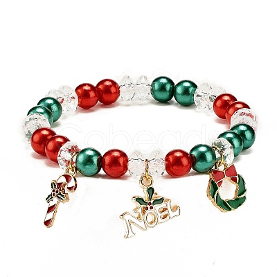 Acrylic Pearl Beaded Stretch Bracelet with Alloy Enamel Charms BJEW-JB08292-1