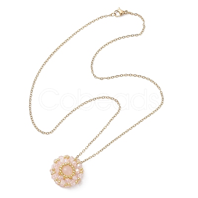 Natural Rose Quartz & Glass Seed Beaded Flat Round Pendant 304 Stainless Steel Cable Chain Necklaces NJEW-MZ00129-01-1