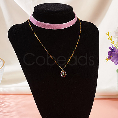 Glass Beaded Flower Pendant Single Face Medium Orchid Velvet Ribbon & Brass Cable Chain Double Layered Choker Necklaces NJEW-TAC0041-1