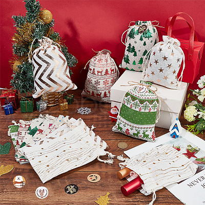 32Pcs 8 Styles Christmas Rectangle Printed Cotton & Linen Candy Gift Drawstring Bags ABAG-BC0001-48-1
