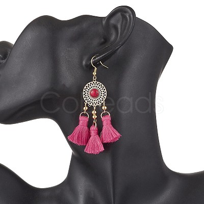 Flat Round 304 Stainless Steel Polycotton Tassel Chandelier Earrings EJEW-JE06452-02-1