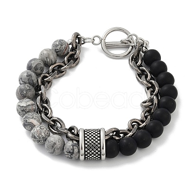 Natural Round Picasso Stone & Frosted Black Bead Bracelets BJEW-M081-01A-1