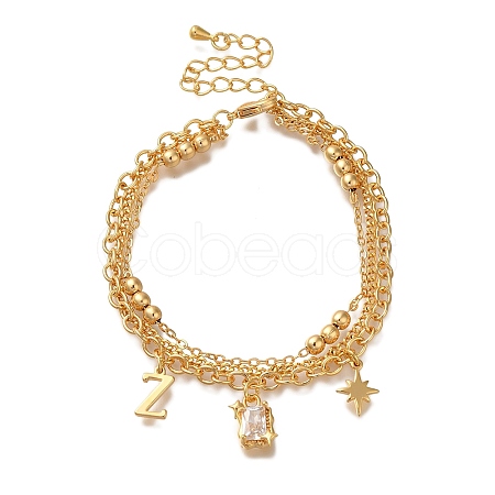 Letter Z & Rectangle & Star Brass Micro Pave Clear Cubic Zirconia Charm Bracelets BJEW-L696-035G-1