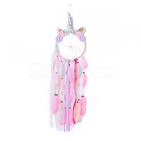 Handmade Unicorn Woven Net/Web with Feather Wall Hanging Decoration HJEW-A001-01A-1