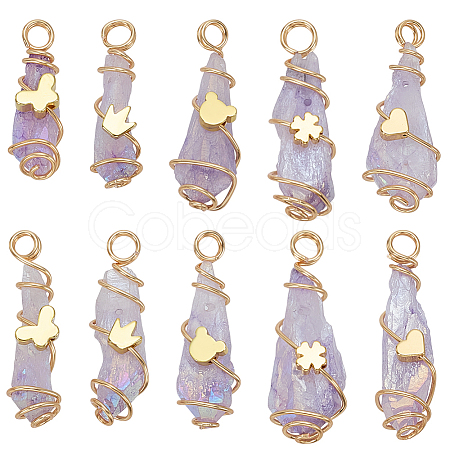 10Pcs 5 Styles Electroplated Natural Quartz Crystal Copper Wire Wrapped Pendants PALLOY-FG00005-1