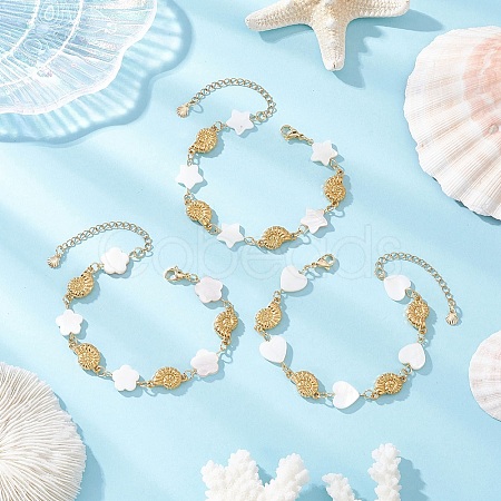 3Pcs 3 Styles Natural Freshwater Shell Beads & 304 Stainless Steel Connector Charms Link Bracelets for Women BJEW-JB12216-1