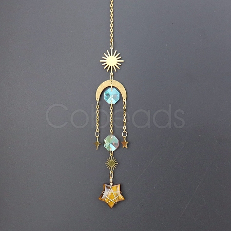 Natural Tiger Eye Star Sun Catcher Hanging Ornaments with Brass Sun HJEW-PW0002-13E-1