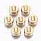 Alloy Enamel Beads, Cadmium Free & Lead Free, Flat Round with Initial Letters, Light Gold, Orange, Letter.U, 8x4mm, Hole: 1.5mm