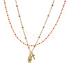 Red Glass Beaded Chain Double Layer Necklaces with Stainless Steel Religion Virgin Cross Pendant QR8888-1-5