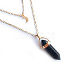 Natural Obsidian Double Terminated Pointed Bullet & Moon Alloy Pendant Double Layer Necklaces for Women WGAD714-01-1