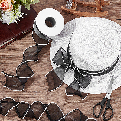 5 Yards Organza Plastic Ribbon with Plastic Pearl Edged OCOR-WH0101-185B-1