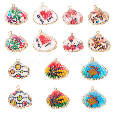 CHGCRAFT 14Pcs 7 Style Electroplate Printed Natural Scallop Shell Pendants SSHEL-CA0001-10-1