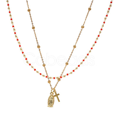 Red Glass Beaded Chain Double Layer Necklaces with Stainless Steel Religion Virgin Cross Pendant QR8888-1-1