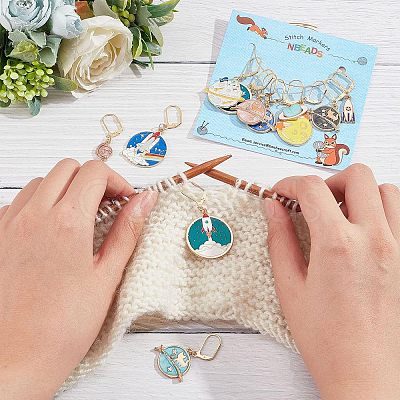 12Pcs 12 Style Flat Round & Rocket & Heart & Star Alloy Enamel Locking Stitch Markers HJEW-PH01500-1