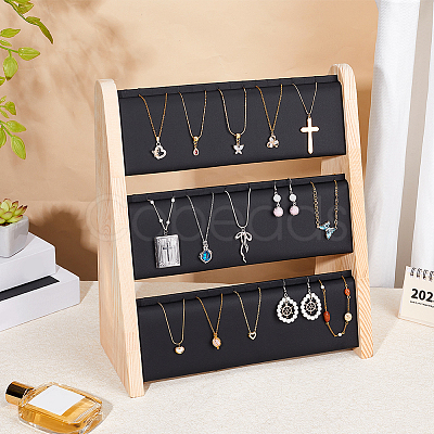 3-Tier Bamboo Necklace Organizer Display Stands with PU Leather Mat NDIS-WH0003-020A-1