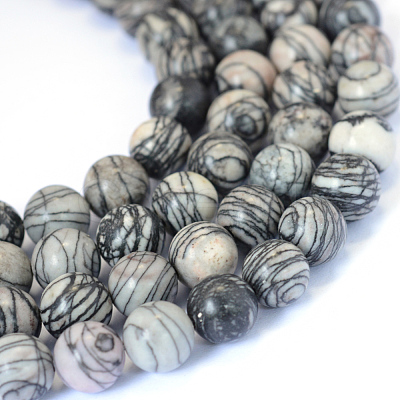Natural Black Silk Stone/Netstone Round Bead Strands X-G-E334-8mm-05-1