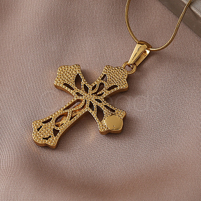 Vintage 304 Stainless Steel with Clear Glass Hollow Jesus Cross Pendant Necklaces for Women Men JW8660-1