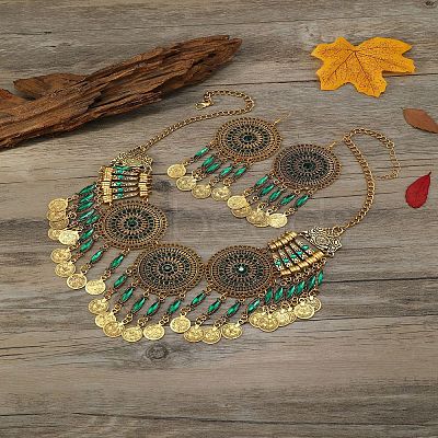 Flat Round Alloy Rhinestone Pendant Necklaces & Dangle Earrings Sets for Women FS-WG4A221-01-1