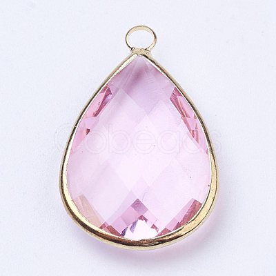 Golden Tone Brass Glass Teardrop Pendants X-GLAA-M006-A-15G-1