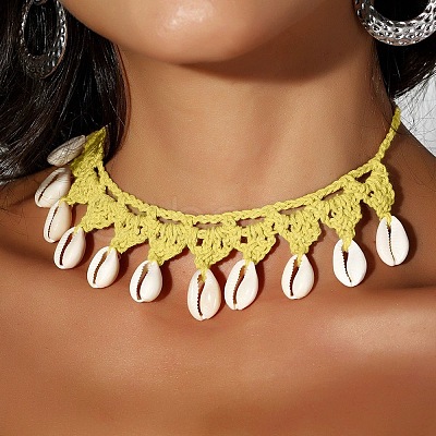 Bohemian Handmade Woven Polyester Cord Natural Cowrie Shell Tassel Choker Necklaces for Women FS-WGB5F2D-02-1