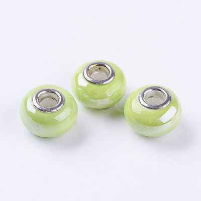 Rondelle Green Yellow Handmade Porcelain Large Hole European Beads X-OPDL-G001-13-1