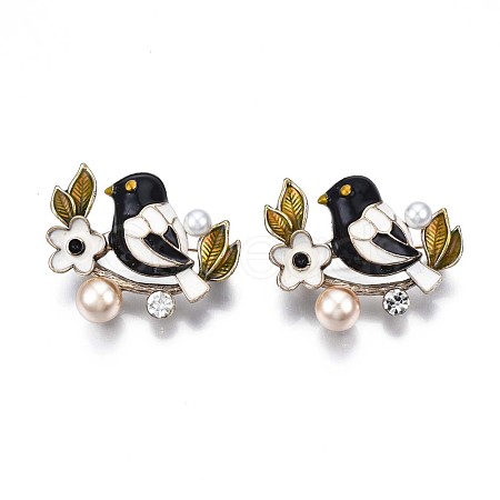 Bird and Flower Enamel Pin with Plastic Pearl JEWB-N007-098-1