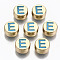 Alloy Enamel Beads, Cadmium Free & Lead Free, Flat Round with Initial Letters, Light Gold, Sky Blue, Letter.E, 8x4mm, Hole: 1.5mm