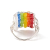 Glass Bead Braided Rectangle Open Cuff Ring RJEW-JR00489-4