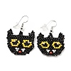 Glass Seed Braided Cat Dangle Earrings LS-EJEW-B012-11-1