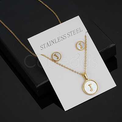 304 Stainless Steel with Natural Shell Pendant Necklaces & Stud Earrings Sets FS-WG5FD70-10-1
