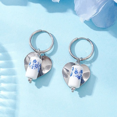 Column with Heart 316 & 202 Stainless Steel Hoop Earrings EJEW-JE06736-02-1