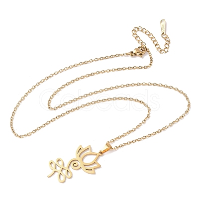 304 Stainless Steel Hollow Cut Yoga Om Lotus Flower Pendant Necklaces NJEW-Z073-02G-02-1