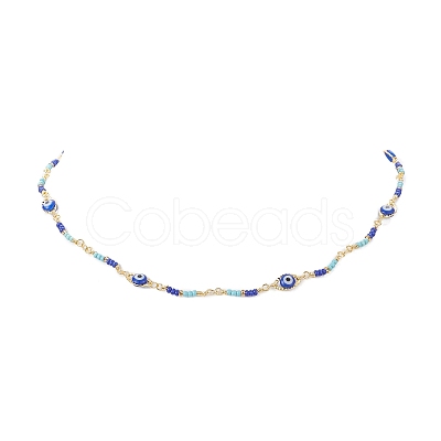 Brass Evil Eye & Glass Beaded Chain Necklace NJEW-JN04312-1