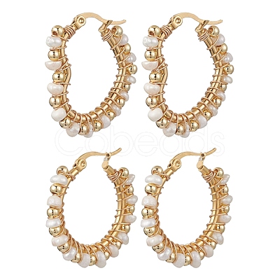 2 Pairs 2 Styles Natural Cultured Freshwater Pearl Beaded Hoop Earrings EJEW-JE06941-1