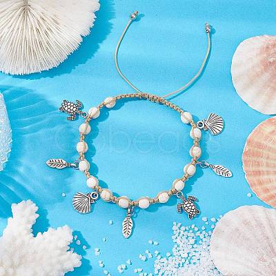 Feather & Turtle & Shell Shape Alloy Charm Bracelet BJEW-TA00389-01-1