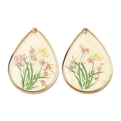 Brass & Transparent Epoxy Resin & Dried Flower Pendants RESI-G133-02G-1