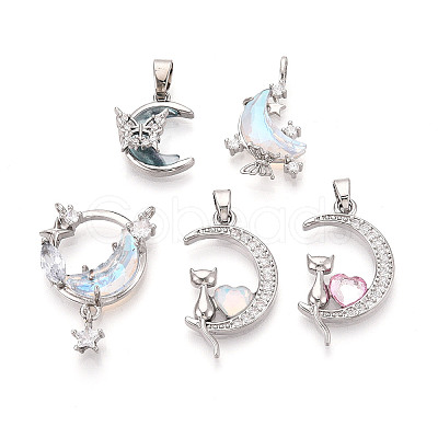Brass Micro Pave Cubic Zirconia and Glass Pendants KK-T072-61P-1