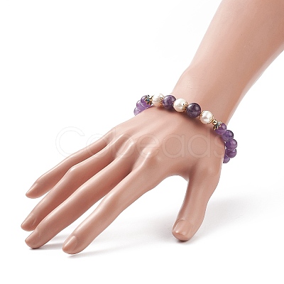 Natural Gemstone & Pearl & Brass Flower Beaded Stretch Bracelet for Women BJEW-JB09010-1